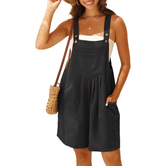 🆕 Women Black Rompers Summer Wide Leg Shorts Overalls Adjustable Soft Strap Bib - Picture 2 of 6